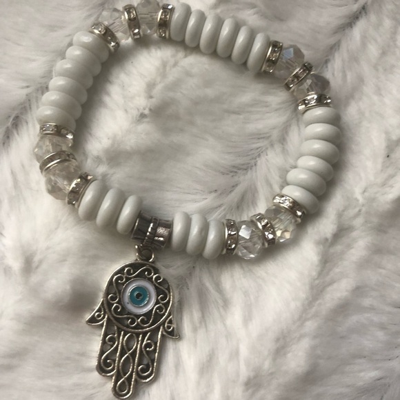 White Beaded Hamsa and Evil Eye Bracelet - Picture 5 of 8